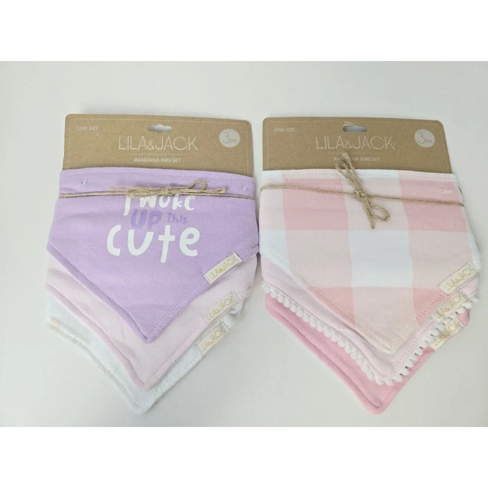 Lila & Jack Bandana Bib Set 3 pack x 2 bibs pink purple woke up this cute